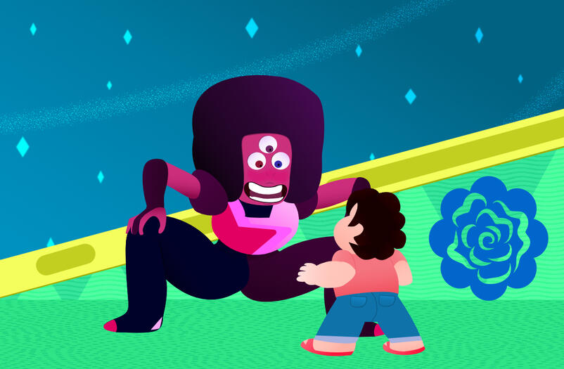 Fanart de Garnet y Steven (él de espaldas, ella sin las gafas) en la nave de Peridot (o una versión para que se vea más el cielo