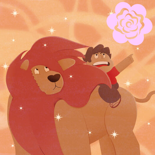 Leon y Steven Leon en tonos rojizos con un niño subido (Steven Universe) señalando hacia arriba con un fondo anaranjando