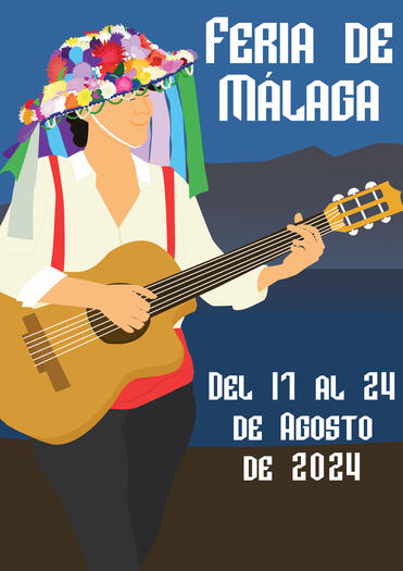 Noches de feria (propuesta de concurso) Chica campera con sombrero verdialera tocando la guitarra con la playa de noche de fondo y las letras de "Fería de Málaga, del 17 al 24 de Agosto de 2024"