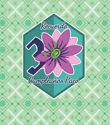 Diseño toalla y logotipo Diseño geometrico de colores verdes de fondo y un logotipo sobre escudo romboidal. El logo es un 3 y la flor de la pasión como el 0