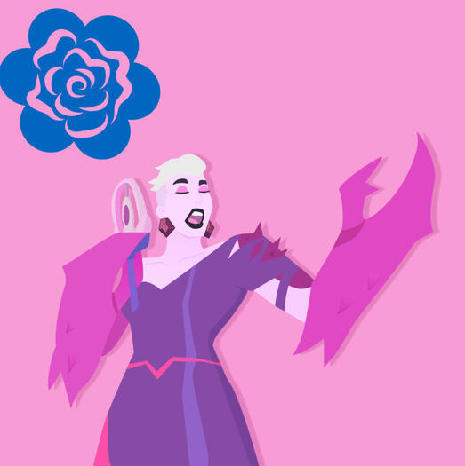 Scorpia, de She Ra, cantando, a vectores con un fondo rosa