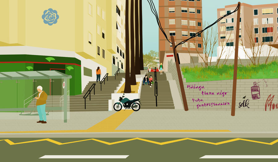 Ilustración de unas grandes escaleras que hay en un barrio de mi ciudad, a juego con la ilustración de las casas. Hay una parada de bus donde un señor espera, gente subiendo o bajando y las chicas de la moto (que está a los pies de las escaleras) sentadas