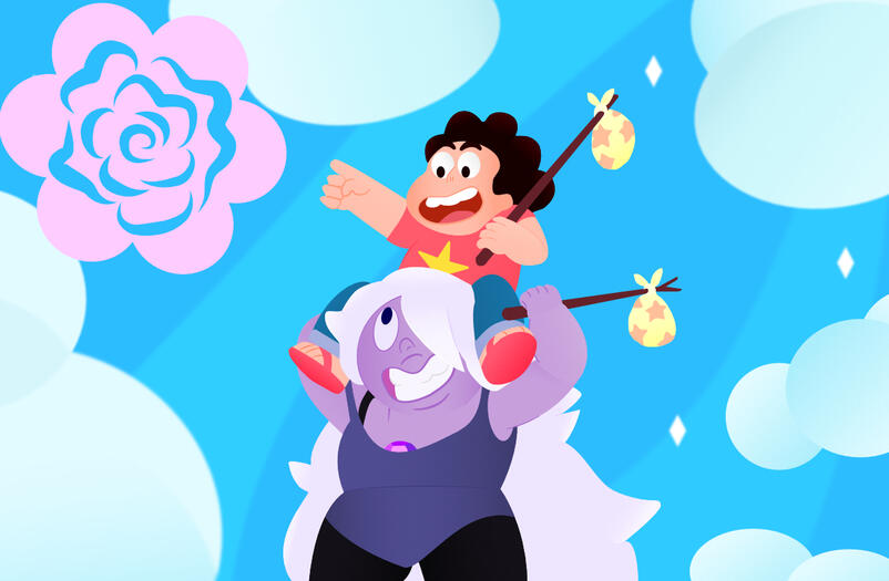 Steven sobre los hombros de Amethyst, fanart/redraw de la serie a estilo vectores