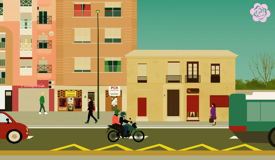 Ilustración arquitectónica, de una avenida de mi ciudad, donde se ve una casa antigua y un par de bloques de piso. Se ven transeuntes, unas chicas en motos, un coche y un autobus