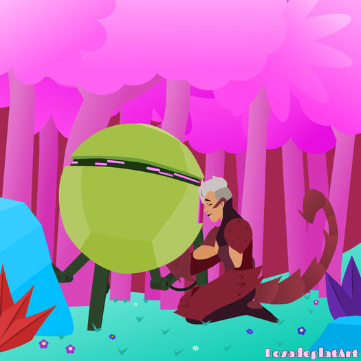 Redraw de Emily y Scorpia a vectores sobre un paisaje hecho también al completo en vectores