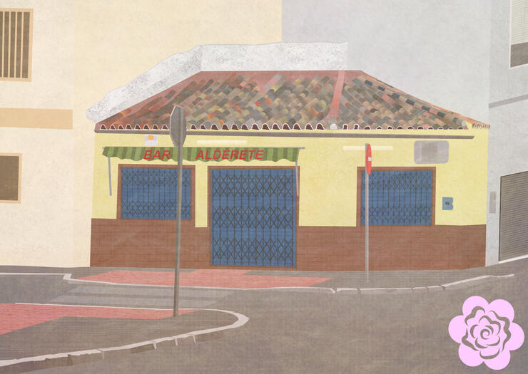 Bar Alderete Ilustración del viejo bar en la versión sin añadidos de texturas (salvo algunos). El bar es como una vieja casa de una sola planta con un tejado desgastado al que además le faltan tejas. A izquierda y derecha tiene bloques de edficios. Está cerrado y las p