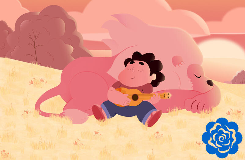 Steven y Leon Relax Ilustracion a vectores del frame de la tercera temporada de Steven Universe, con Leon durmiendo y Steven tocando el ukelele