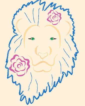 Logo de un león con melena azul, ojos verdes y el logo de la rosa de plata en la melena