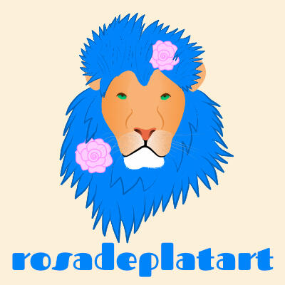 Logo de un león con melena azul, ojos verdes y el logo de la rosa de plata en la melena